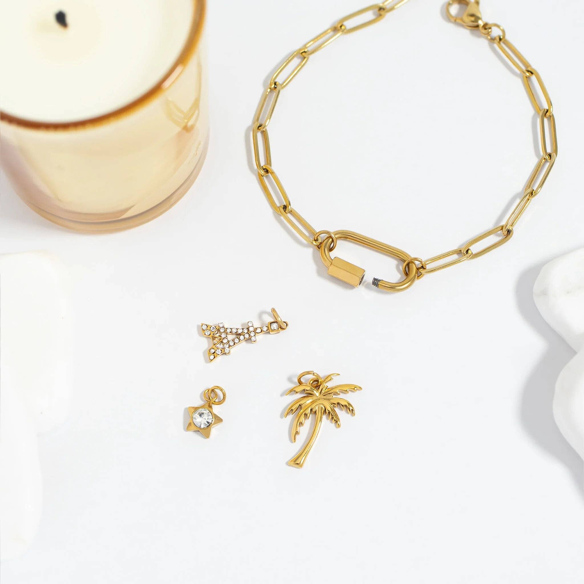18K Gold PVD Stainless Steel Palm Tree Charm: Gold