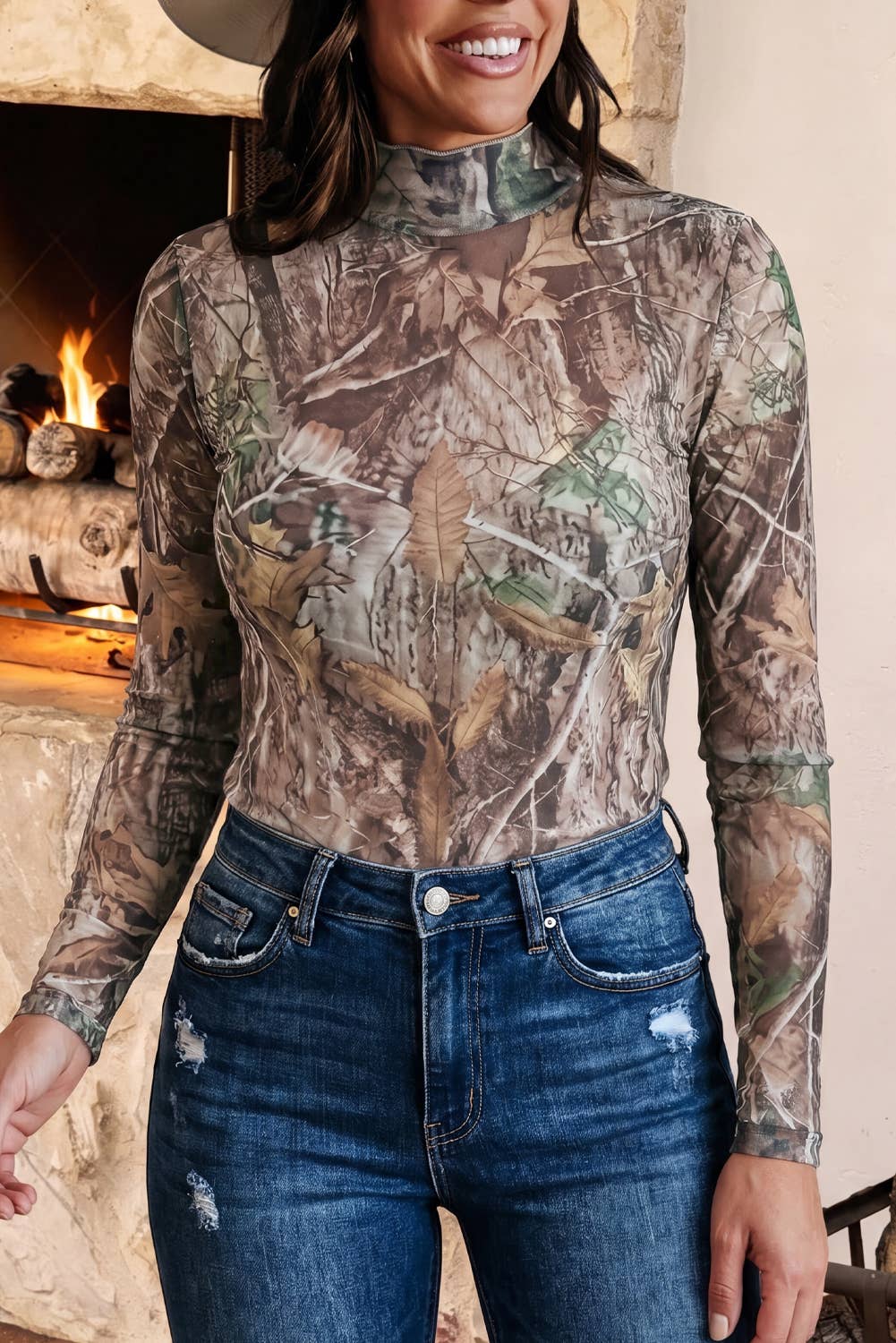 FW 2026 Floral Mesh Long Sleeve Mock Neck Top (S-4X): Camel / S