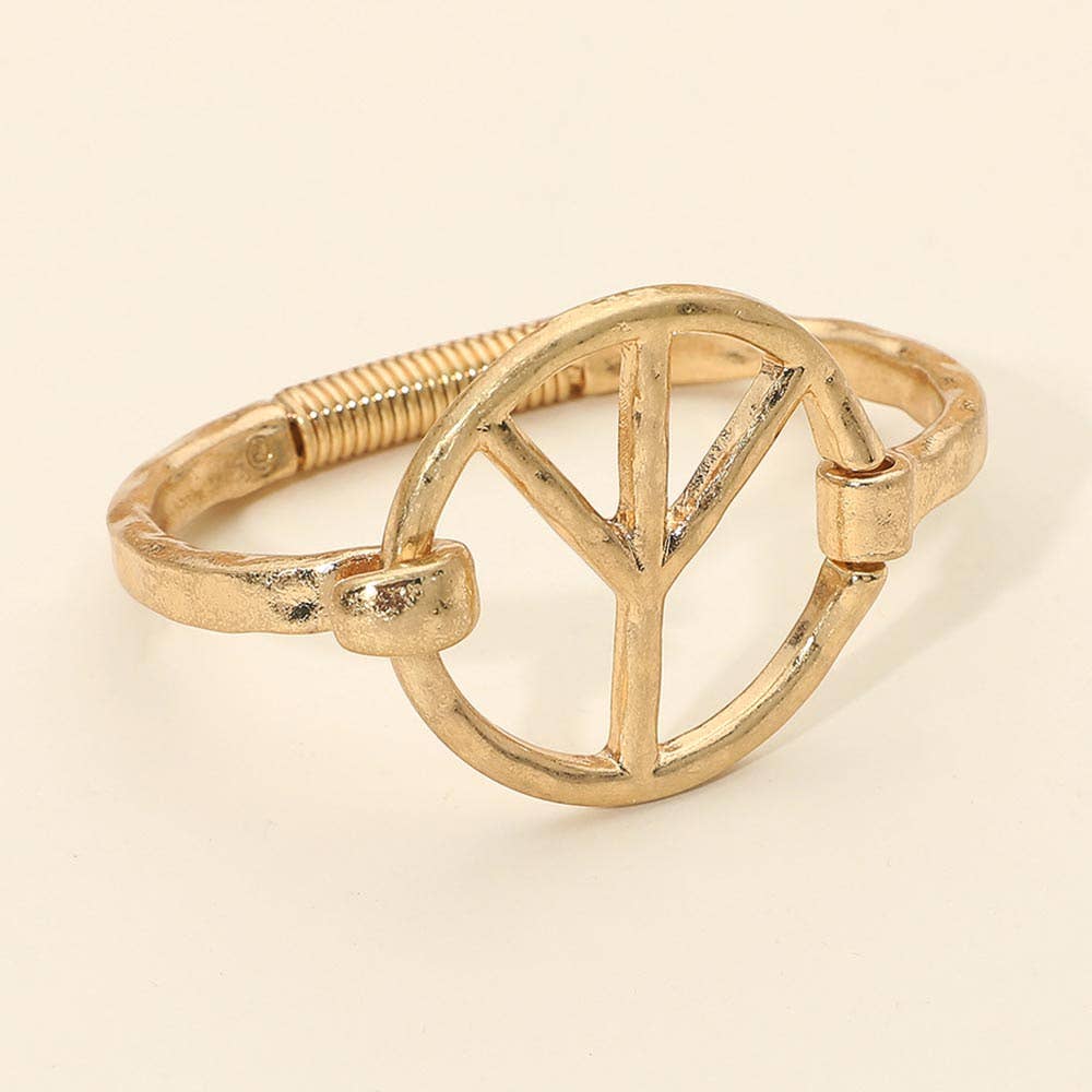 Worn Metal Peace Symbol Bangle Bracelet: Worn Gold
