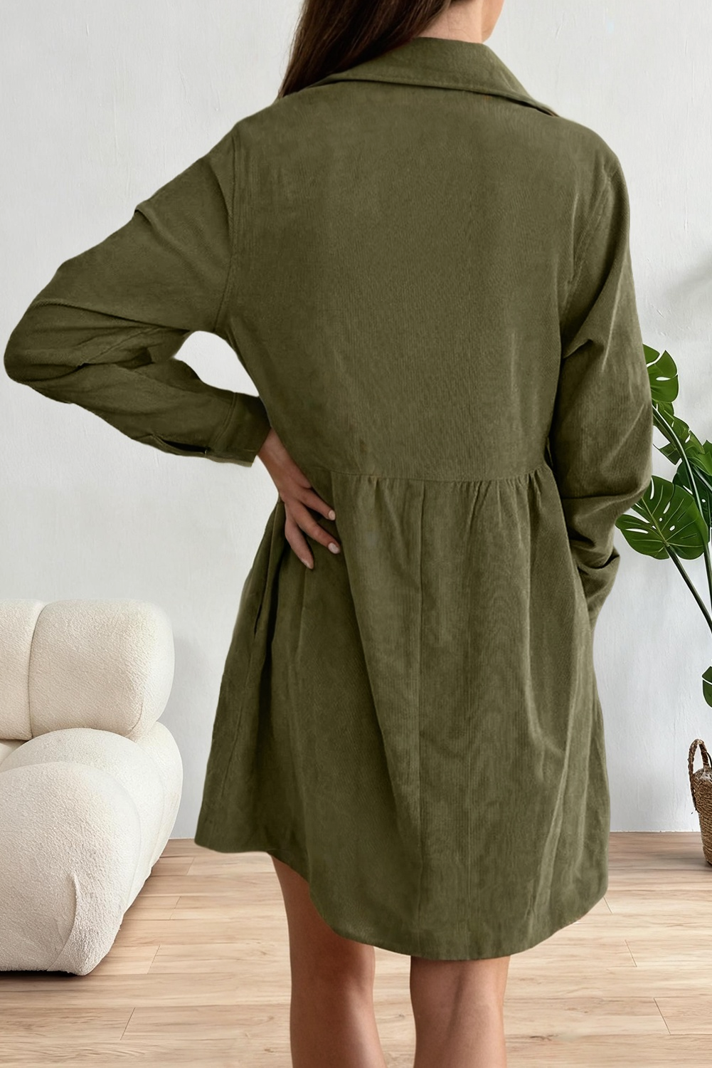 Corduroy Half Button Collared Long Sleeve Mini Fall Dress: Beige / Missy / L