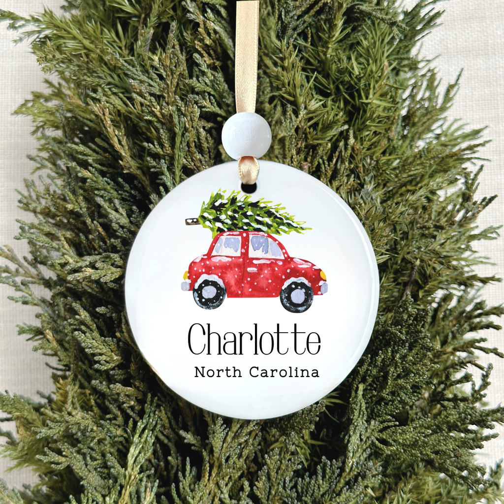 Custom Location Christmas Ornament - Merry Christmas Car : Red
