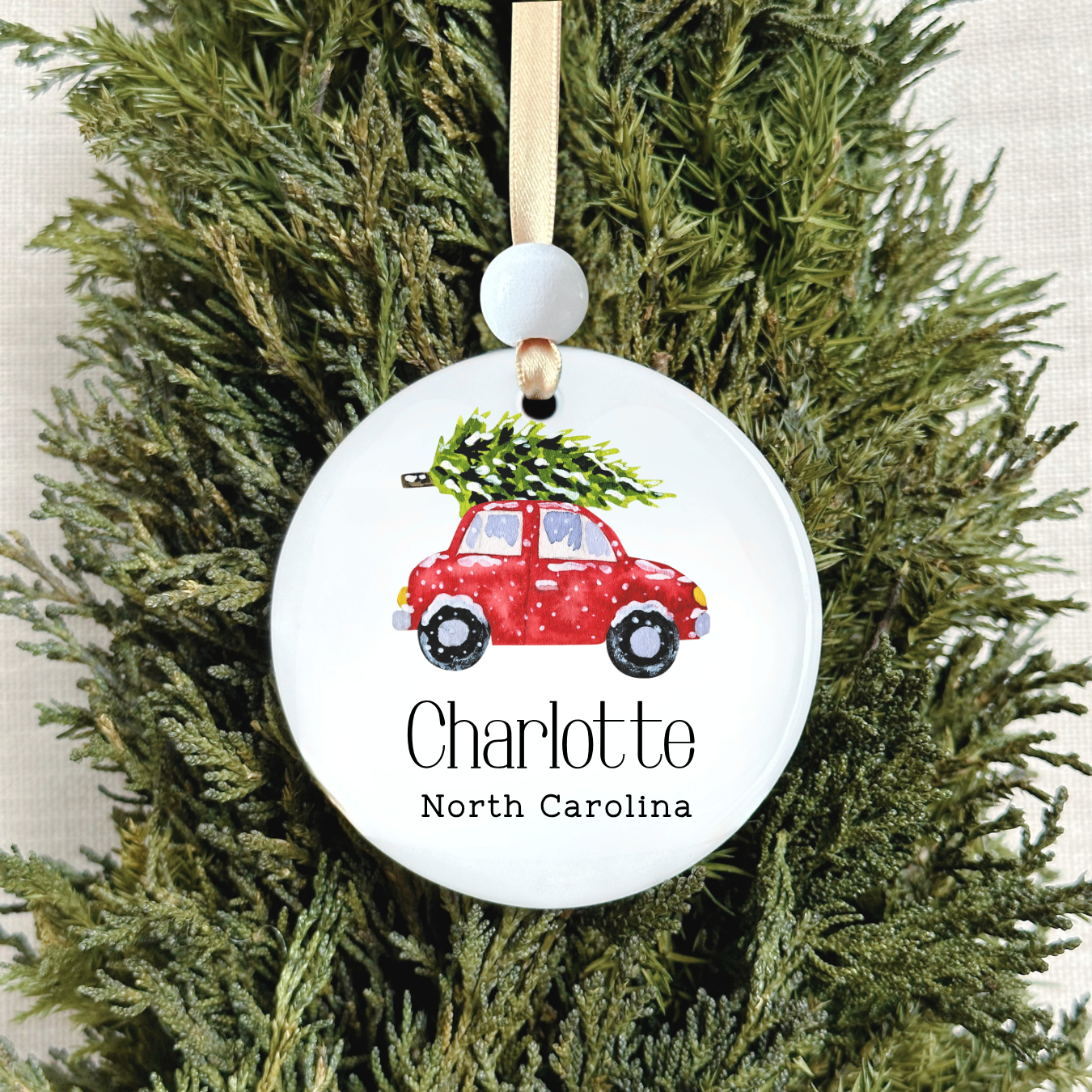 Custom Location Christmas Ornament - Merry Christmas Car : Red