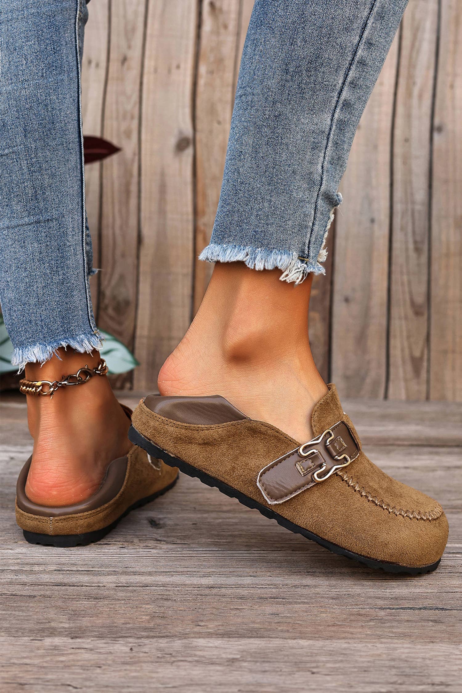 Faux Suede PU Leather Patchwork Retro Buckle Slip On Shoes: Khaki / 9.5(41)