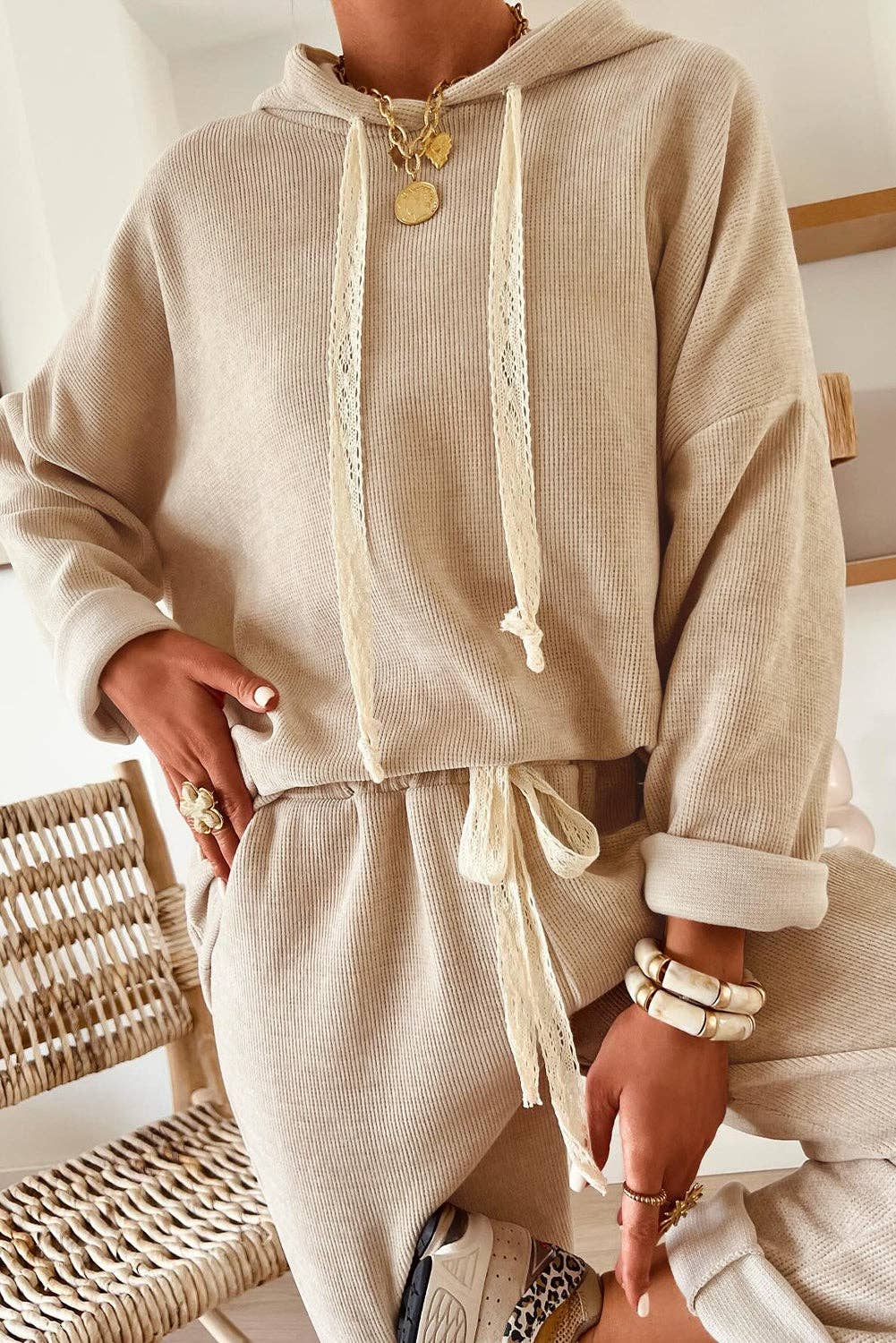 Parchment Leopard Drawstring Pullover Hoodie and High Waist Pants Corduroy Suit: Parchment / 42.5%Polyester+40%Viscose+16%Polyamide+1.5%Elastane / M