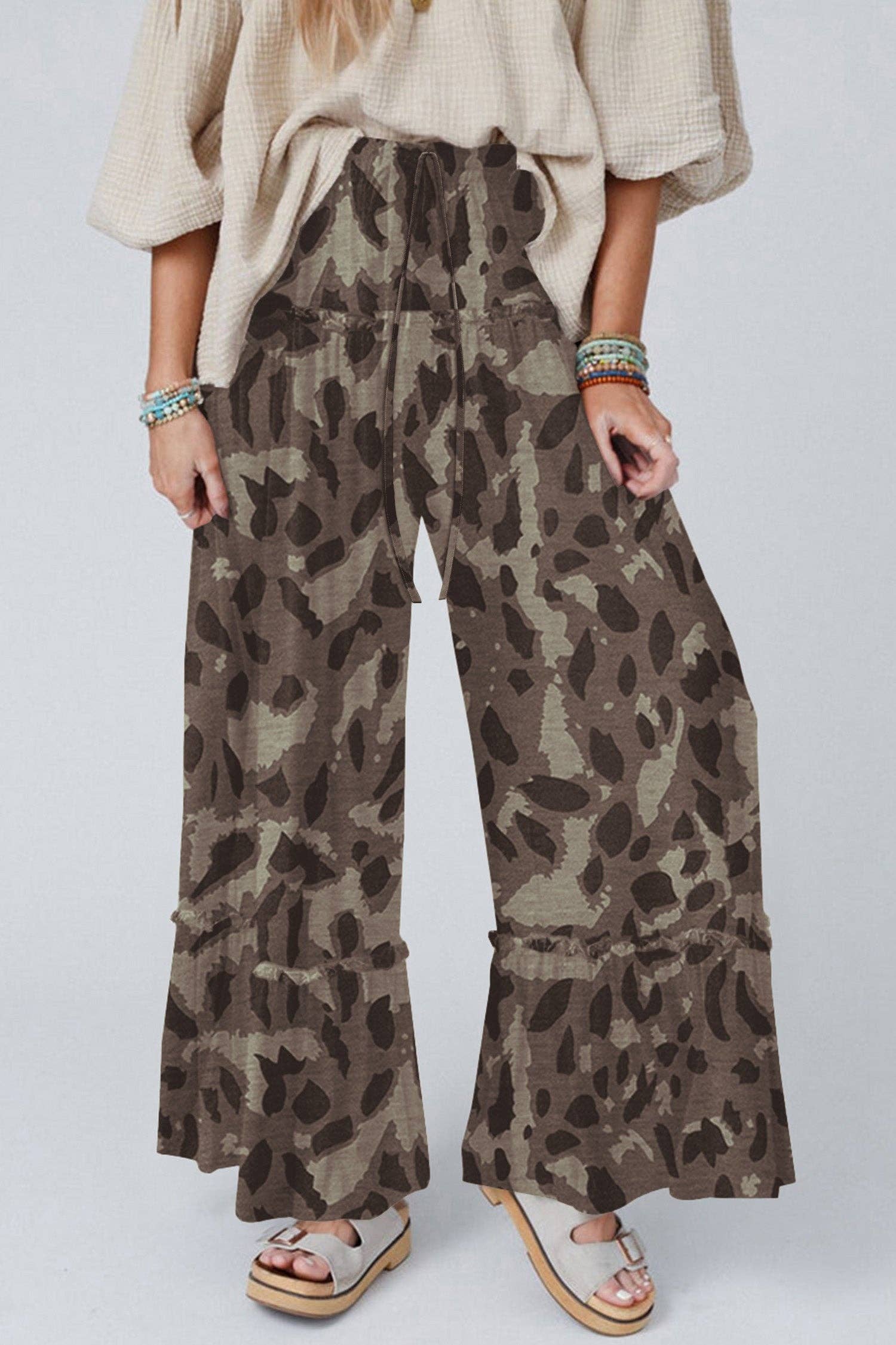 Camo Print Wide Leg Casual Pants: Multicolour / 95%Polyester+5%Elastane / XL