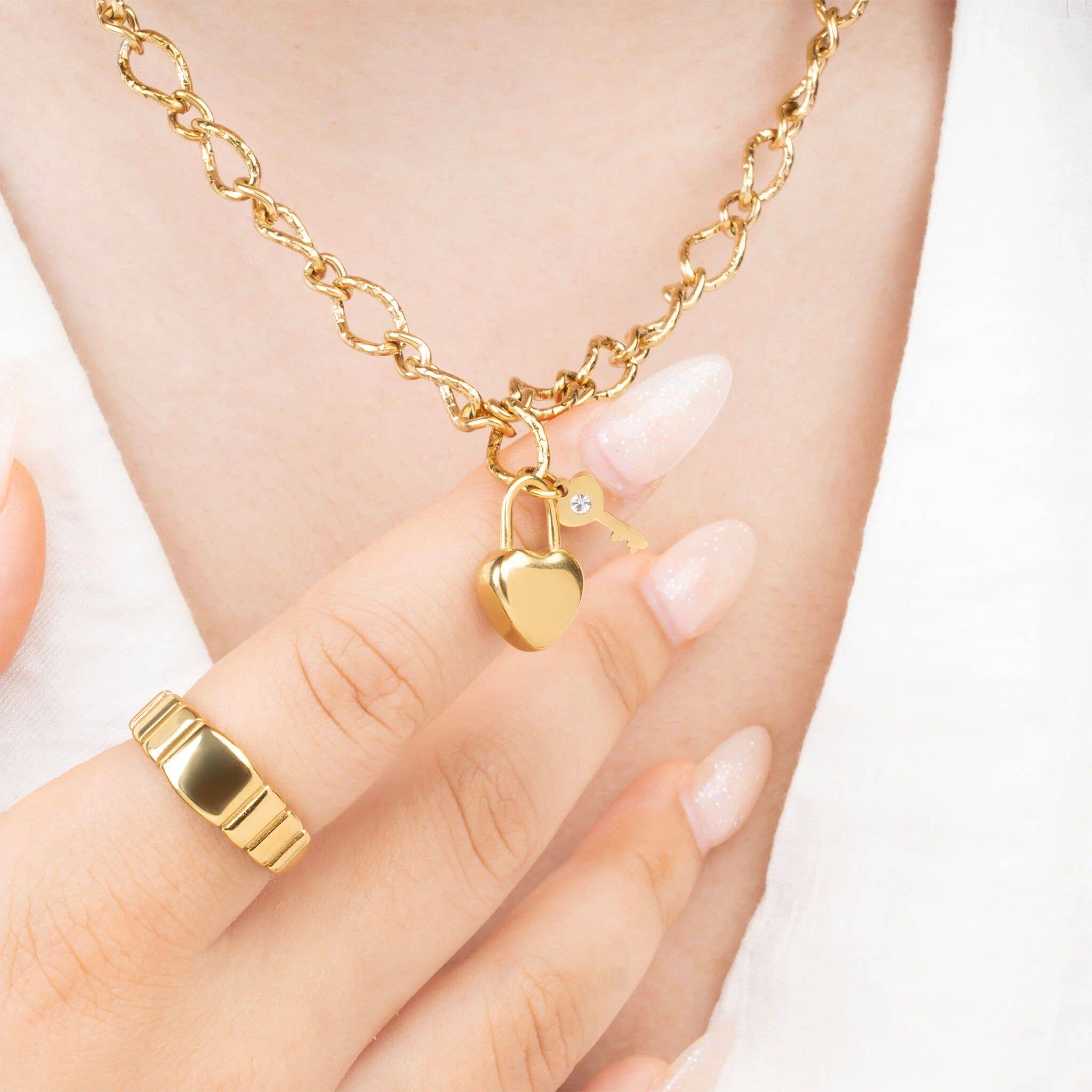 18K Gold PVD Stainless Steel Heart Lock and Key Charm: Stainless