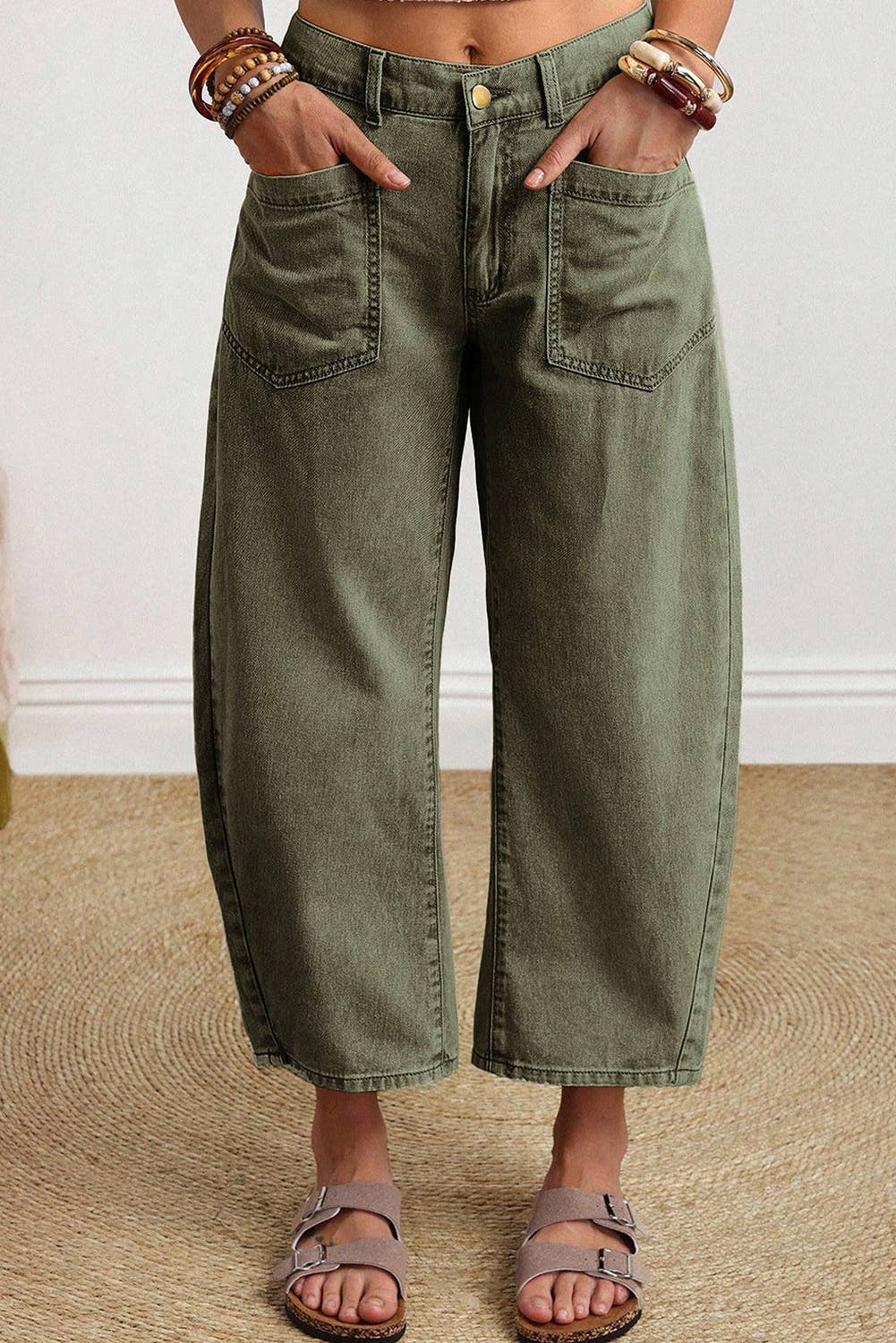 66 Solid Color Square Patch Pocket Ankle-length Barrel Jeans: Brown / 8