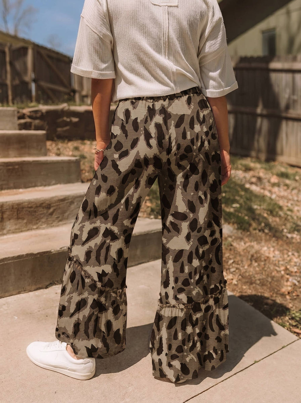 Western Leopard/camo Print Frilled Detail Drawstring Pants: Camo / L