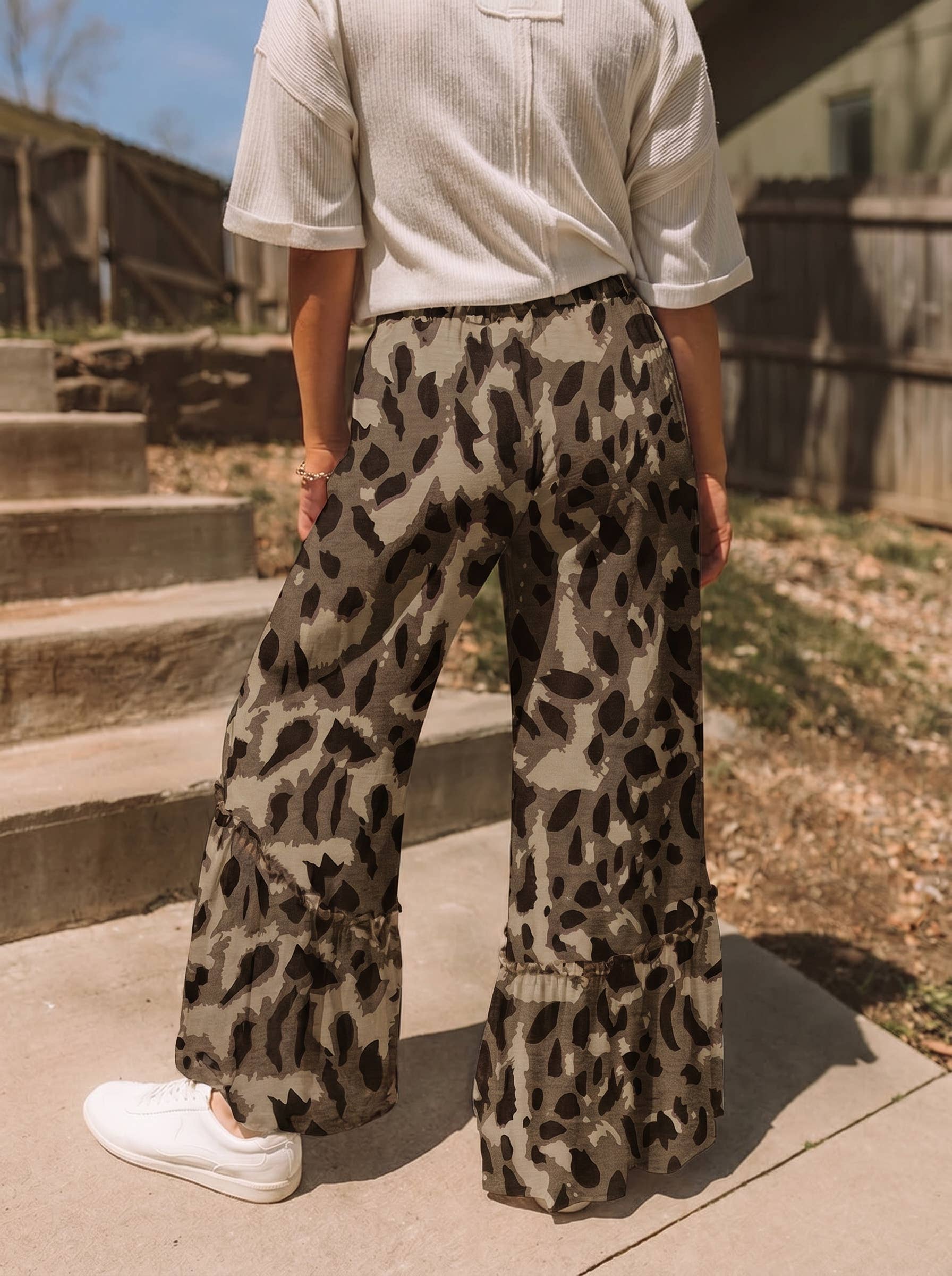 Western Leopard/camo Print Frilled Detail Drawstring Pants: Camo / L