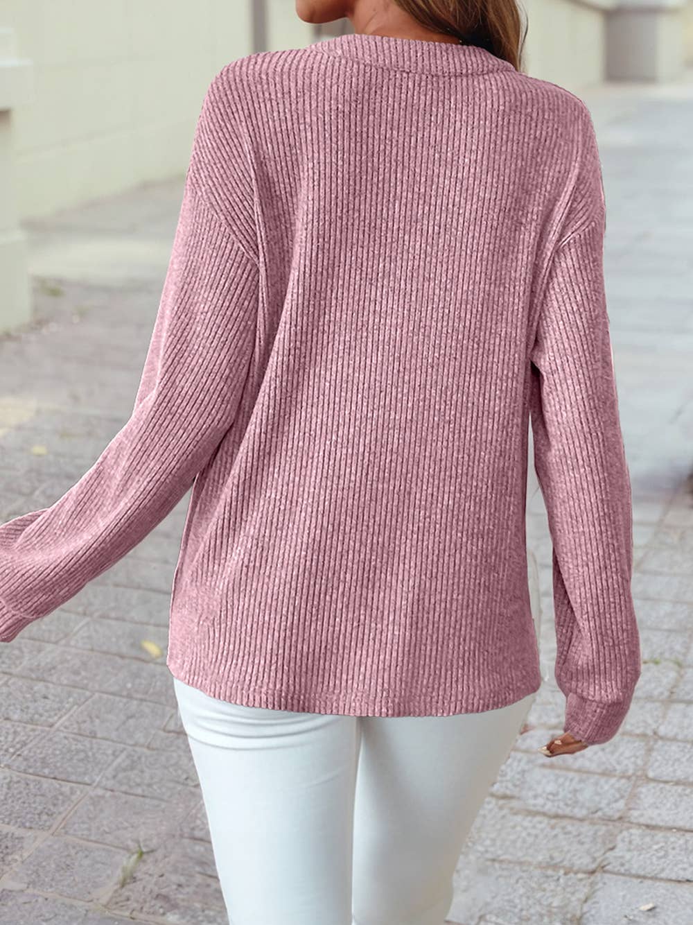 Ribbed Texture Drop Shoulder Henley Knit Top: Clearly Aqua / S