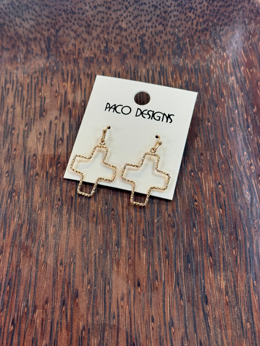 Small Hammered Cross Outline Earrings: Gold