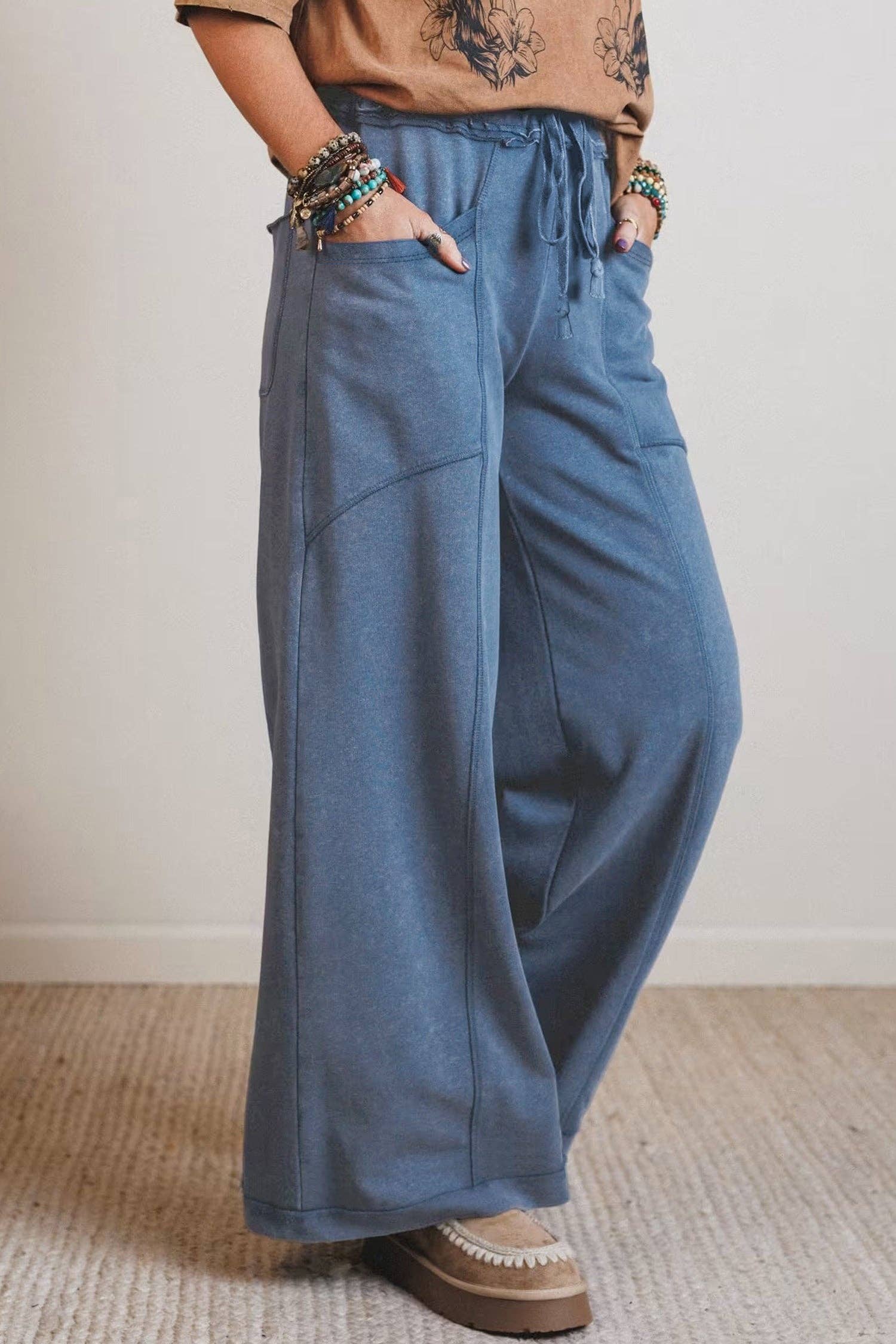 Ashleigh Blue Mineral Wash Drawstring Retro High Waist Wide Leg Western Pants: Ashleigh Blue / 100%Cotton / XL