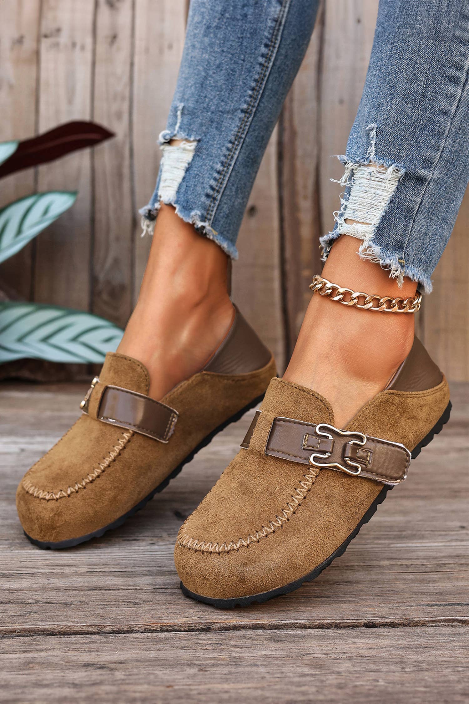 Faux Suede PU Leather Patchwork Retro Buckle Slip On Shoes: Khaki / 6(37)