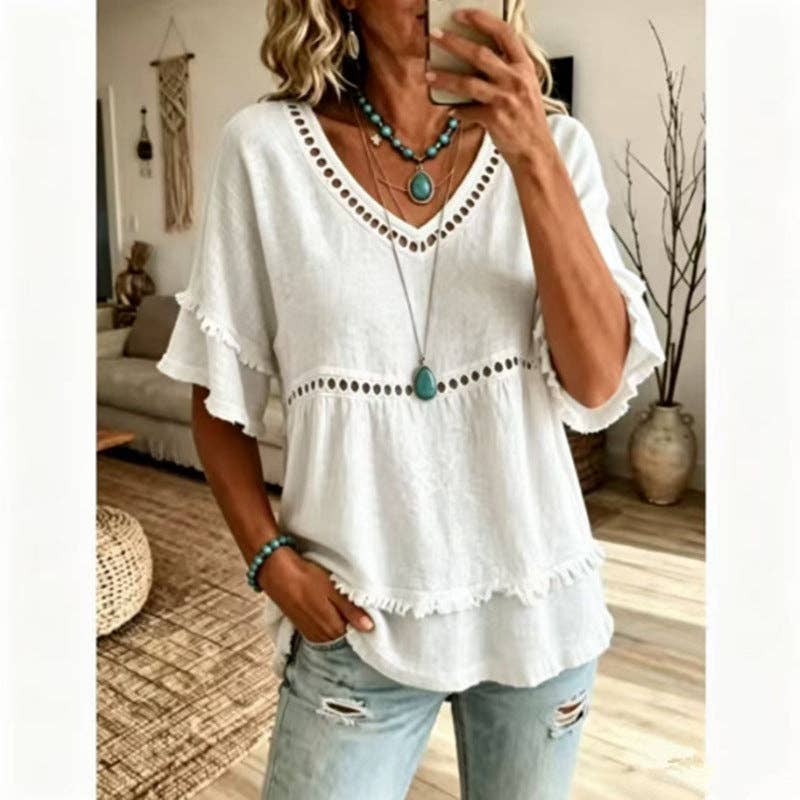 Boho Linen V Neck Blouse Eyelet Ruffle Sleeve: White / 30%cotton70%linen / L