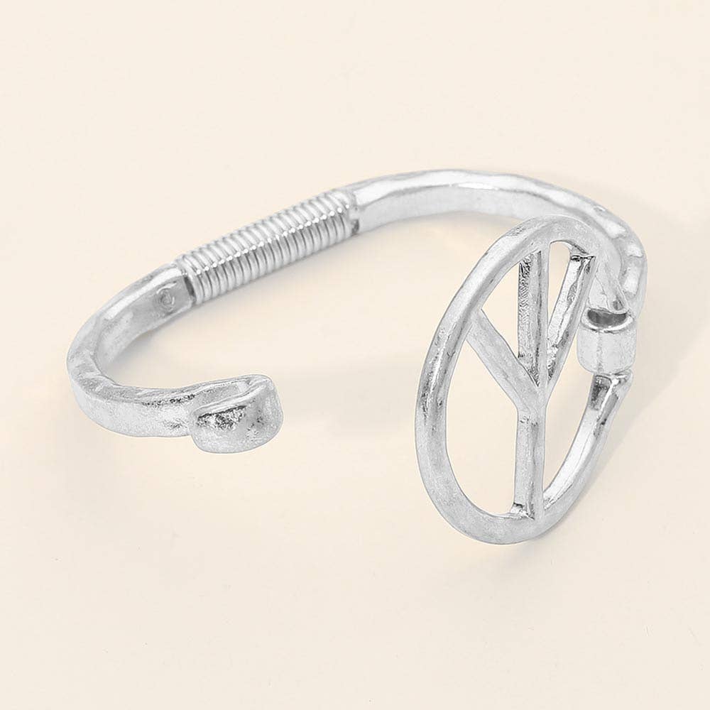 Worn Metal Peace Symbol Bangle Bracelet: Worn Gold