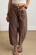 66 Solid Color Square Patch Pocket Ankle-length Barrel Jeans: Brown / 8