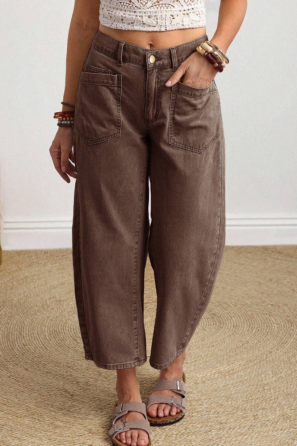66 Solid Color Square Patch Pocket Ankle-length Barrel Jeans: Brown / 12