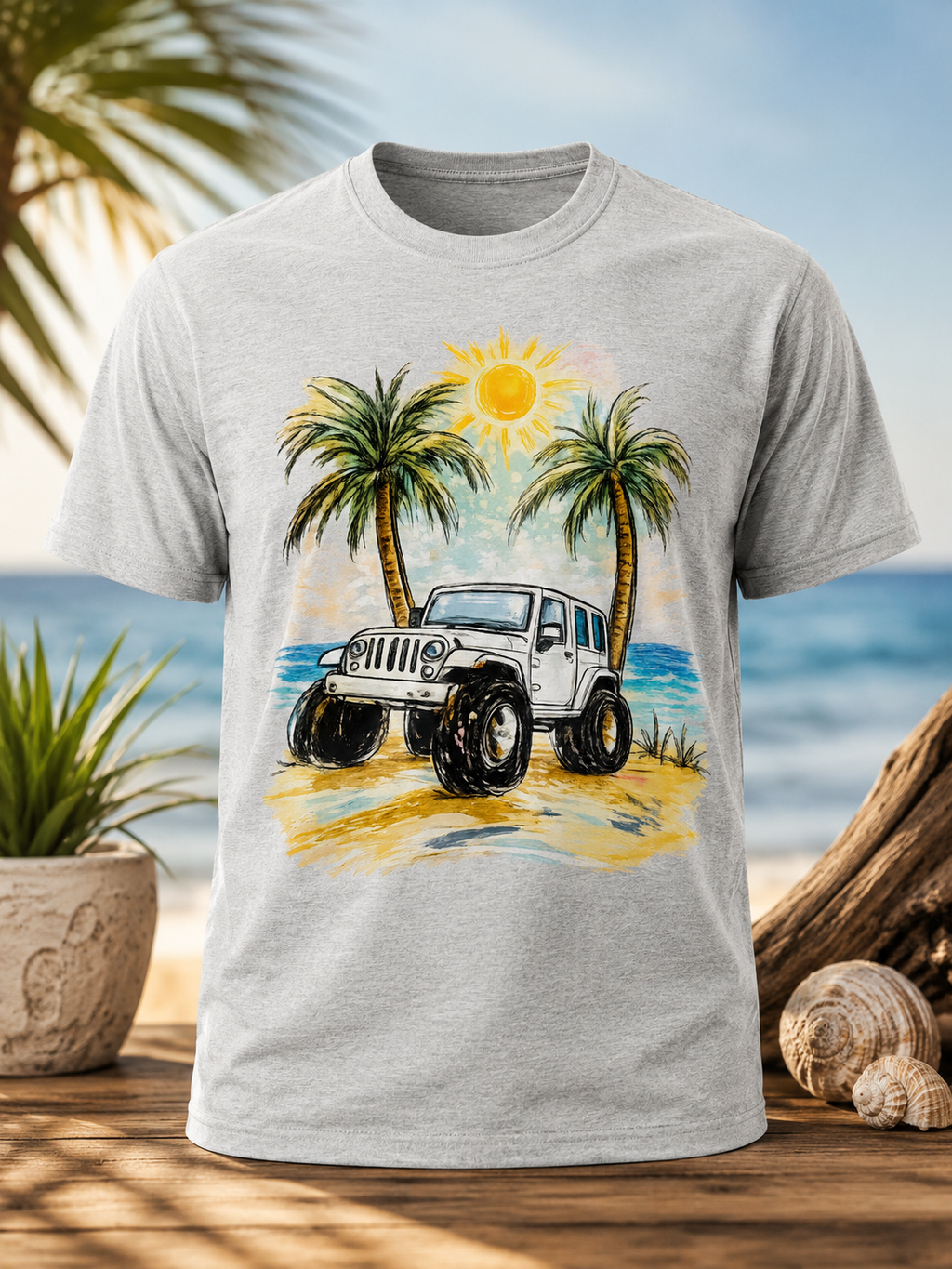 Jeep under the palm trees and sun