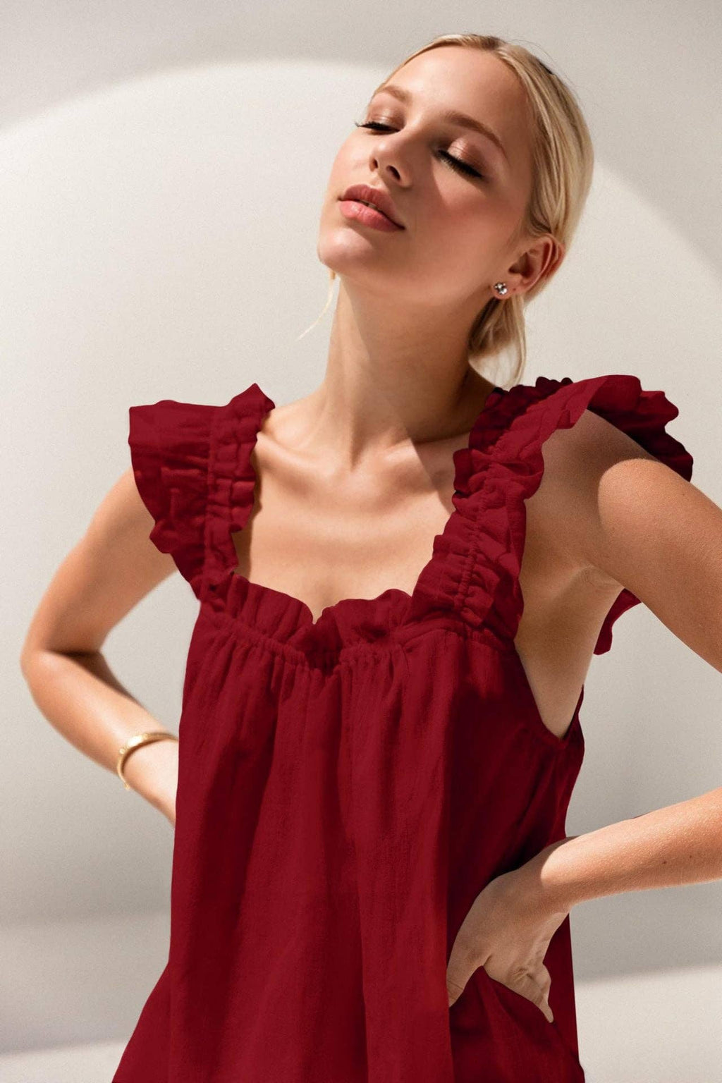 Ruffle Trim Lounge Tank & Shorts Pajama Set: Apricot / 100%Polyester / M