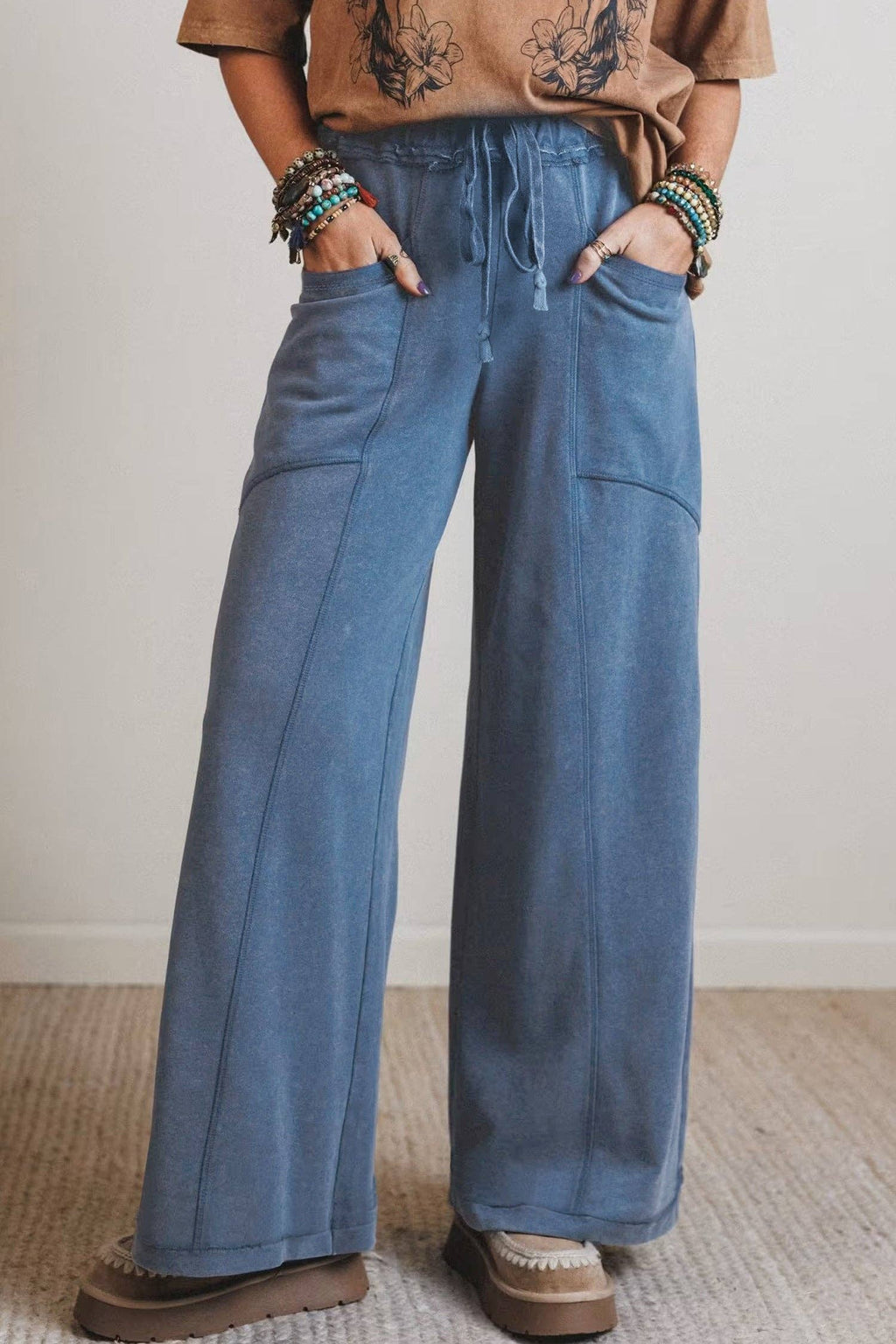 Ashleigh Blue Mineral Wash Drawstring Retro High Waist Wide Leg Western Pants: Ashleigh Blue / 100%Cotton / S