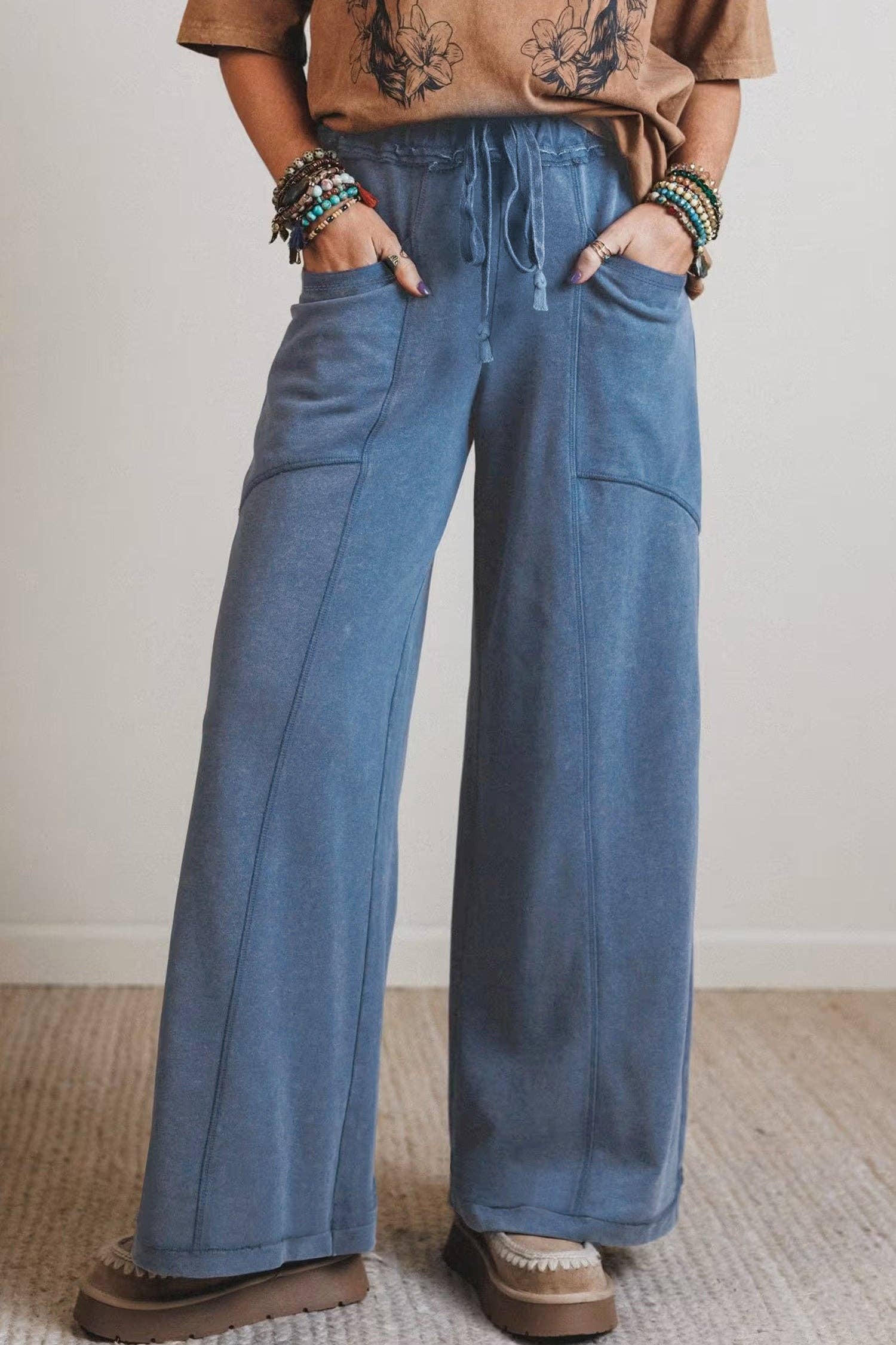 Ashleigh Blue Mineral Wash Drawstring Retro High Waist Wide Leg Western Pants: Ashleigh Blue / 100%Cotton / M