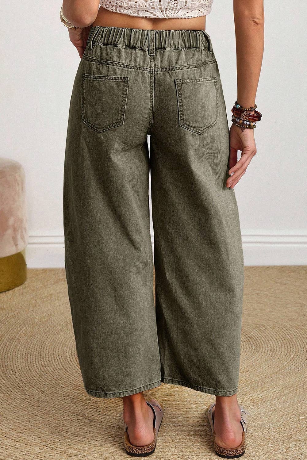 66 Solid Color Square Patch Pocket Ankle-length Barrel Jeans: Brown / 8