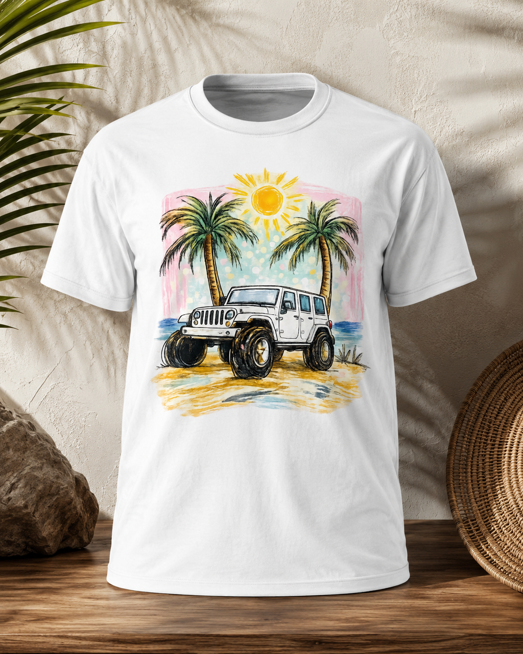 Jeep under the palm trees and sun with pink