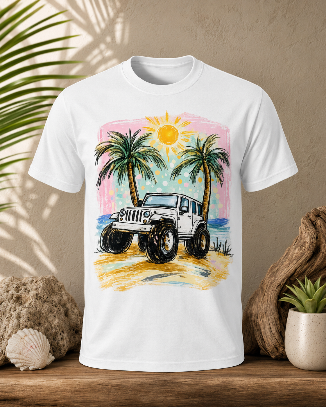 Jeep under the palm trees and sun with pink