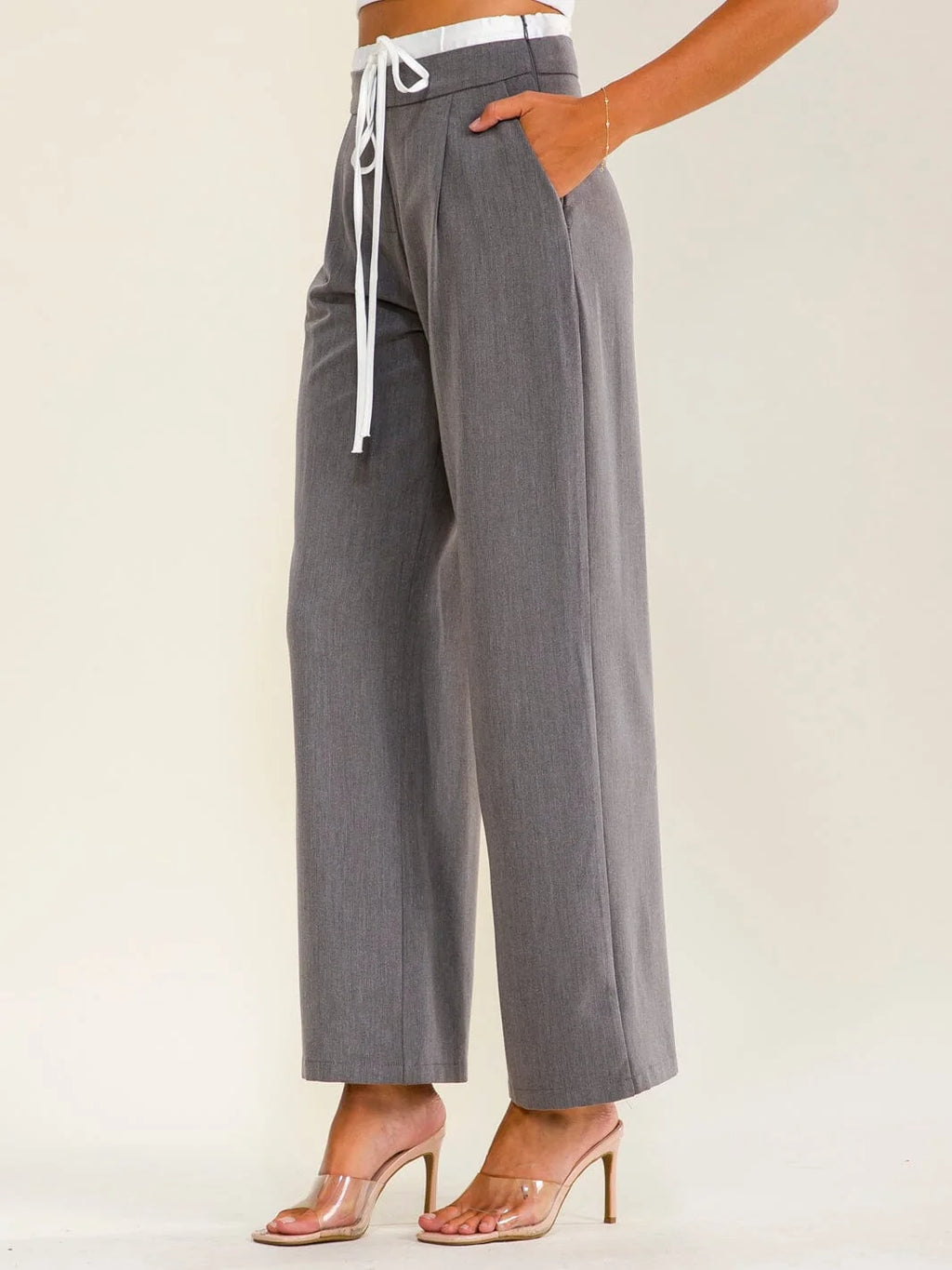 Women's Elastic Waist Self Tie Front Pocket Straight Leg Pants Charcoal