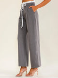 Women's Elastic Waist Self Tie Front Pocket Straight Leg Pants Charcoal