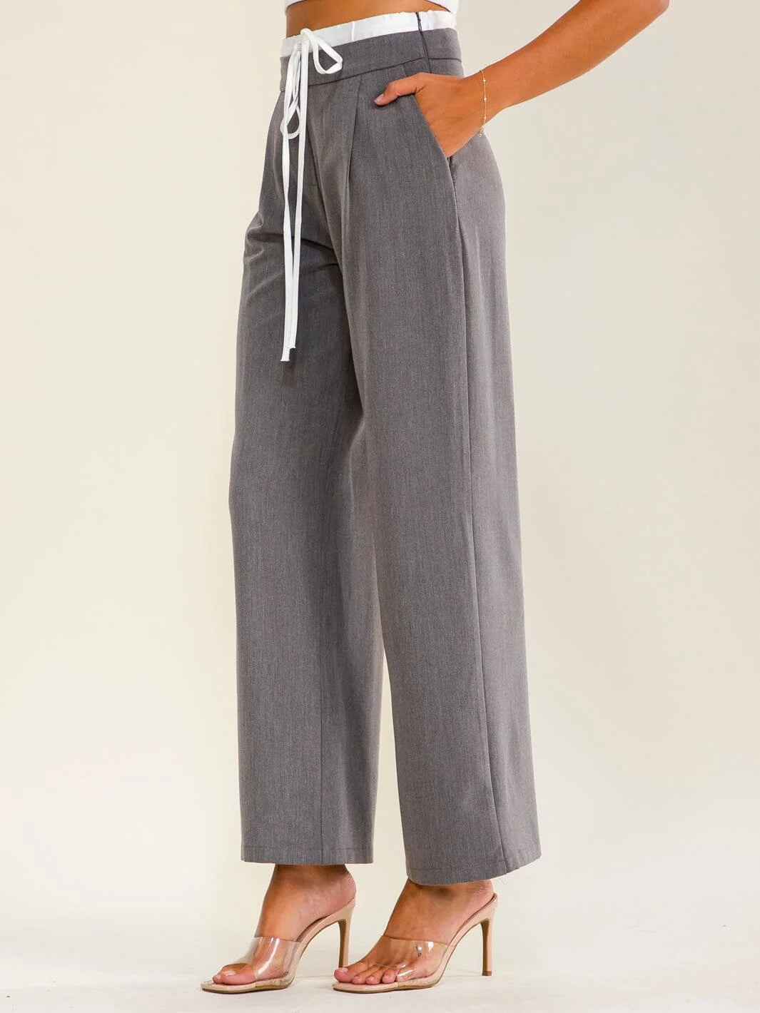 Women's Elastic Waist Self Tie Front Pocket Straight Leg Pants Charcoal