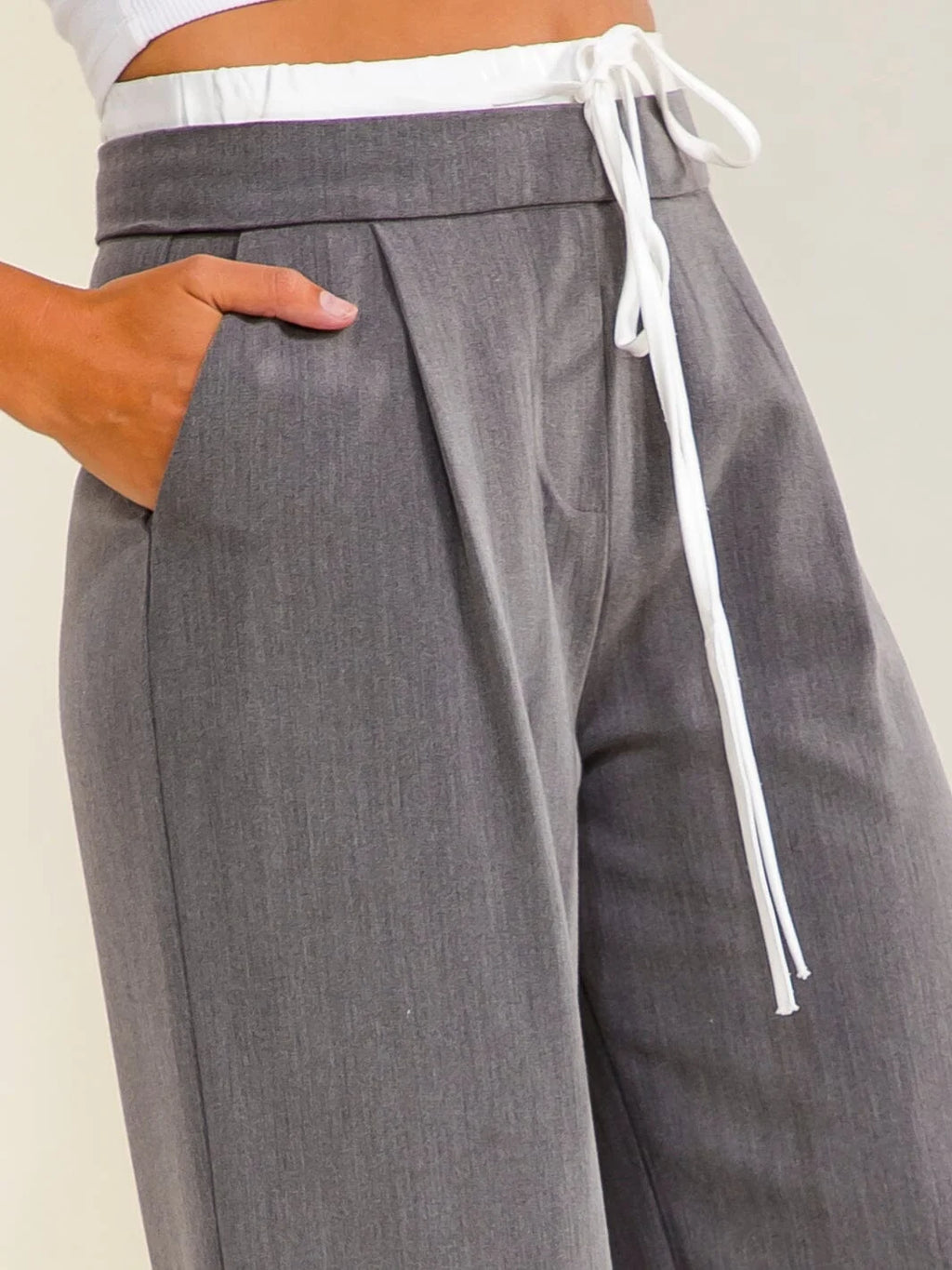 Women's Elastic Waist Self Tie Front Pocket Straight Leg Pants Charcoal