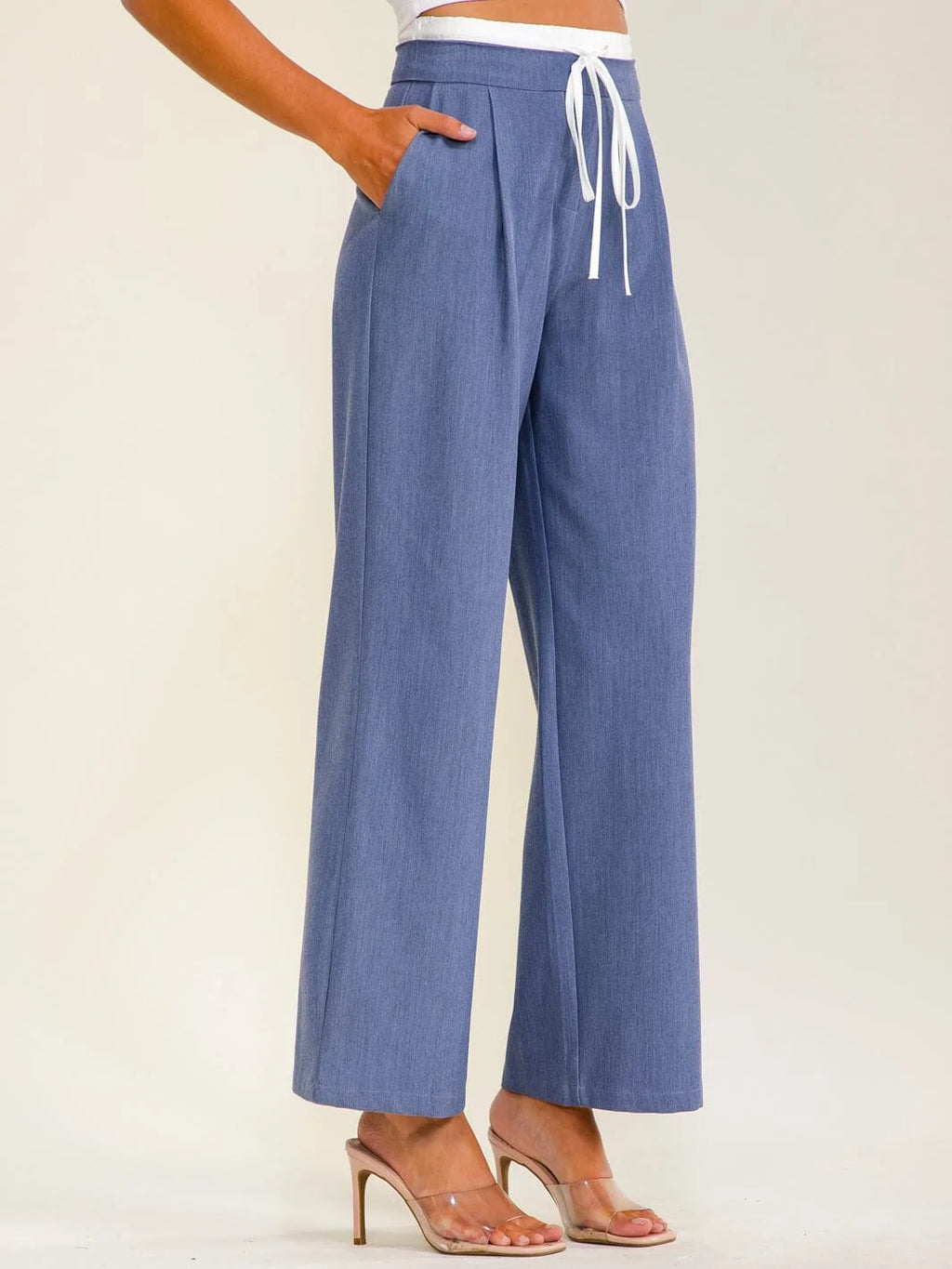 Women's Elastic Waist Self Tie Front Pockets Straight Leg Pants