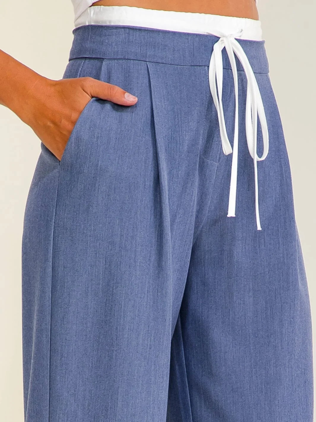 Women's Elastic Waist Self Tie Front Pockets Straight Leg Pants