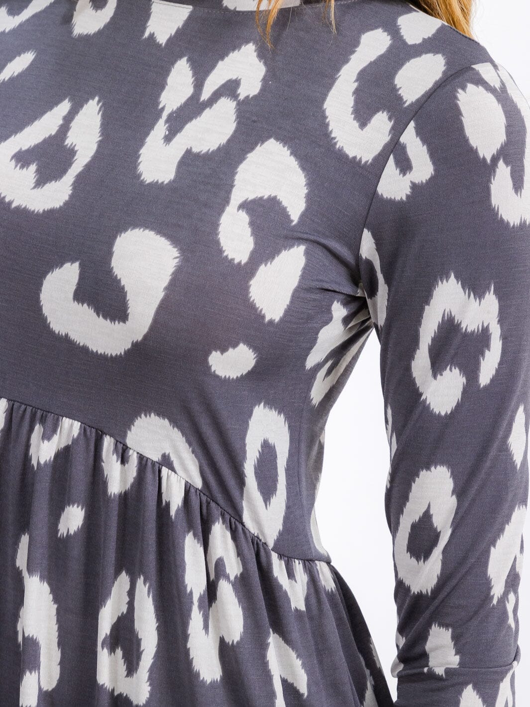 Women's Long Sleeve Elastic Waist Front Pockets Animal Print Mini Dress