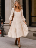 Women's Long Sleeve Square Neck Front Pockets Tiered Maxi Dress Oatmeal