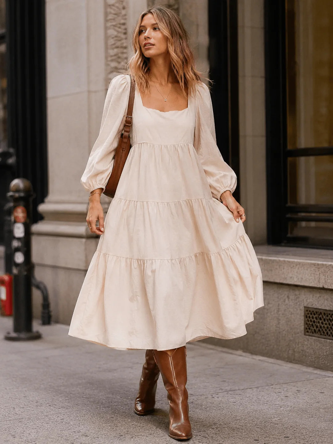 Women's Long Sleeve Square Neck Front Pockets Tiered Maxi Dress Oatmeal