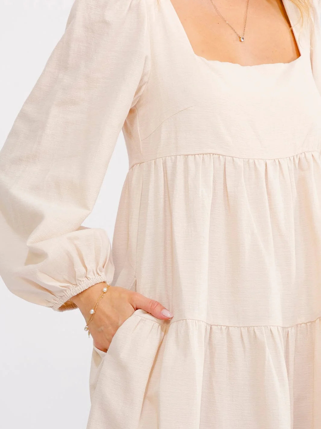Women's Long Sleeve Square Neck Front Pockets Tiered Maxi Dress Oatmeal