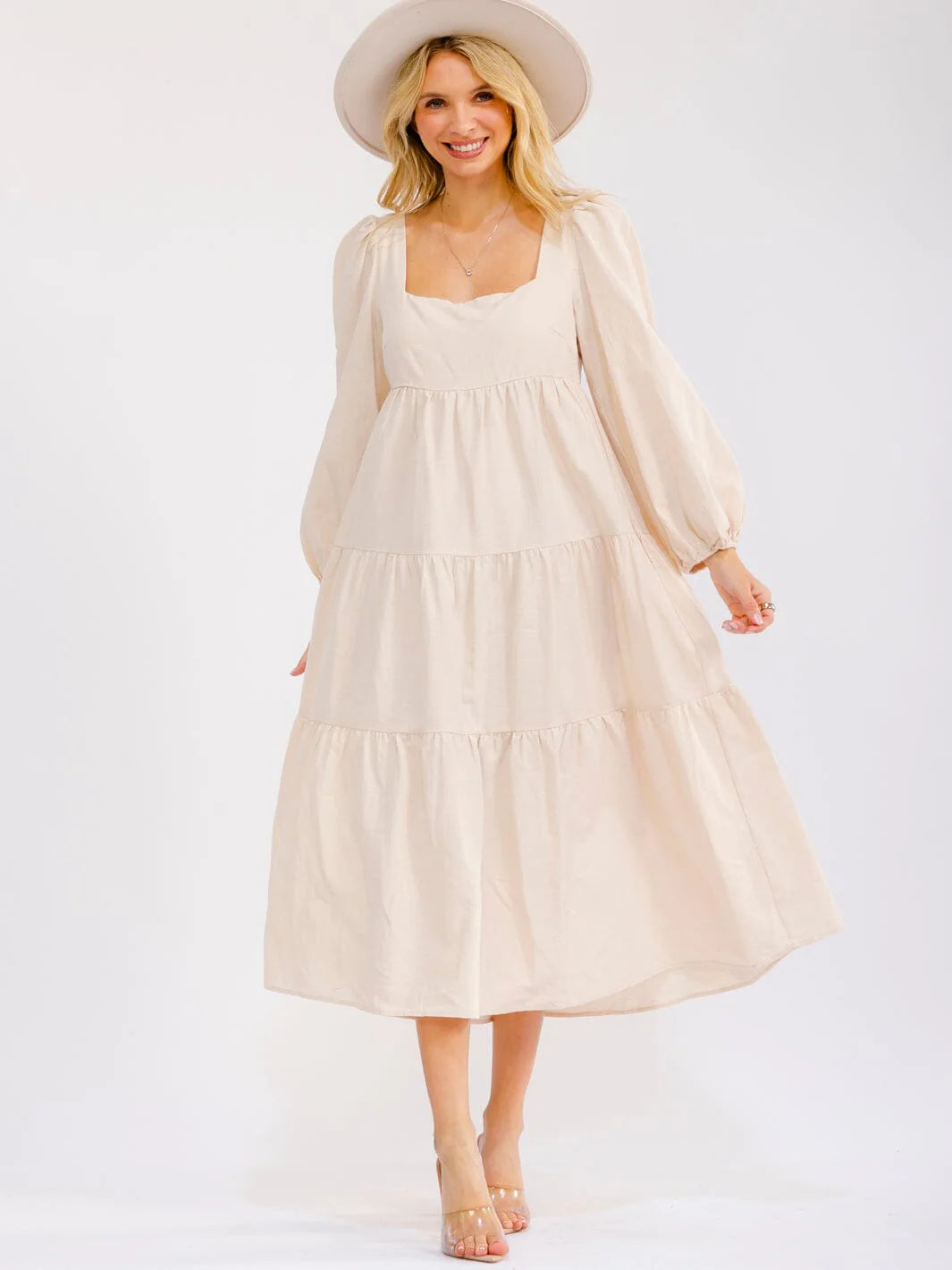 Women's Long Sleeve Square Neck Front Pockets Tiered Maxi Dress Oatmeal
