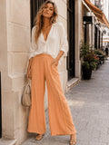 Women's Elastic Waist Front Pockets Wide Leg Crochet Trim Pants Camel