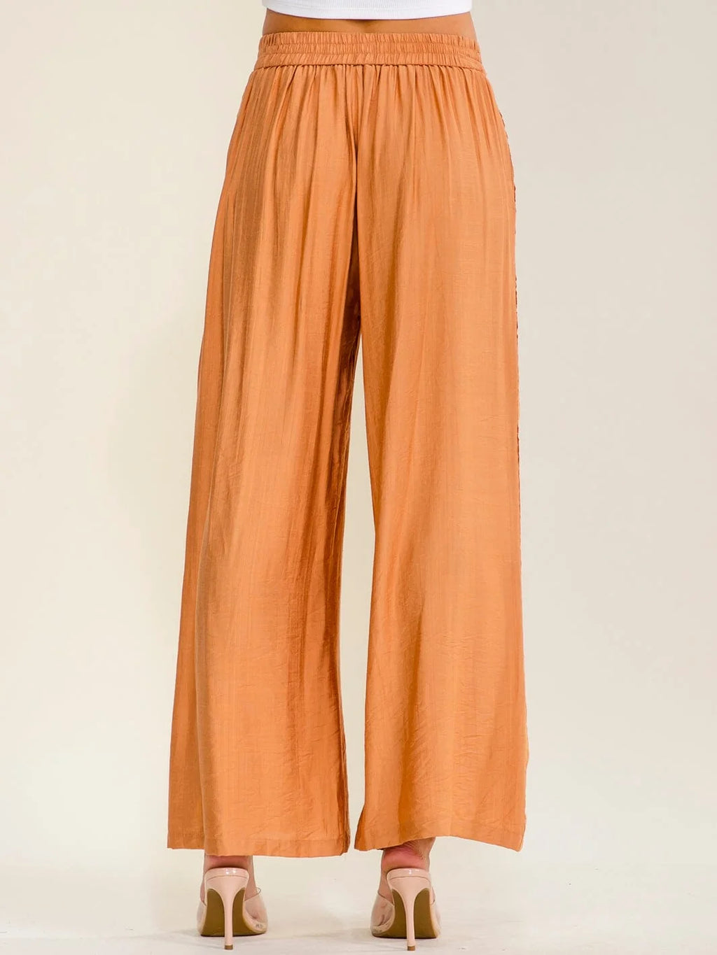 Women's Elastic Waist Front Pockets Wide Leg Crochet Trim Pants Camel