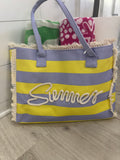 Sewn Rope Summer Letter Fringe Striped Tote Bag