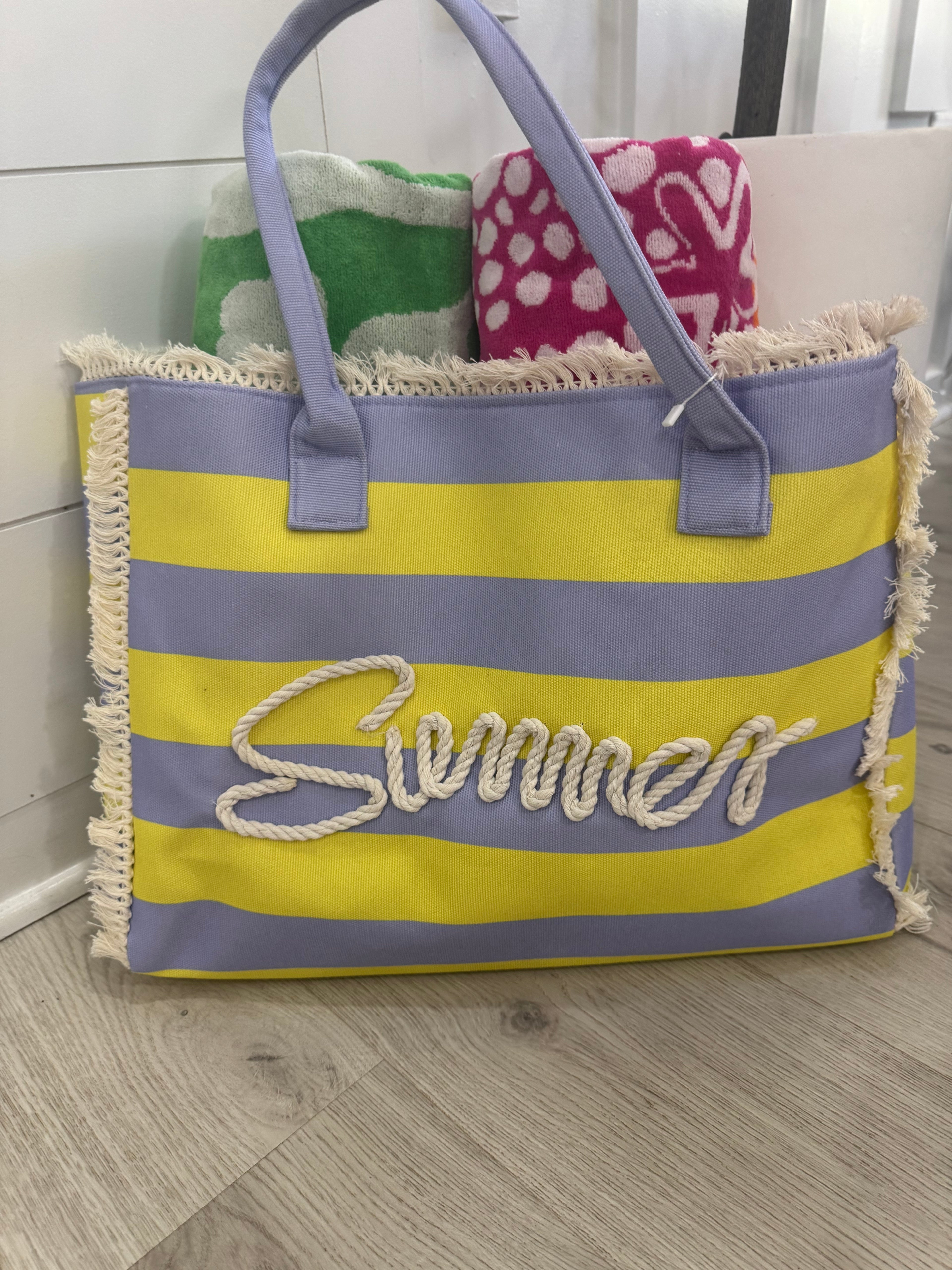 Sewn Rope Summer Letter Fringe Striped Tote Bag