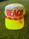 BEACH hot pink with neon trim embroidered patch on neon trucker hat with neon hat chain
