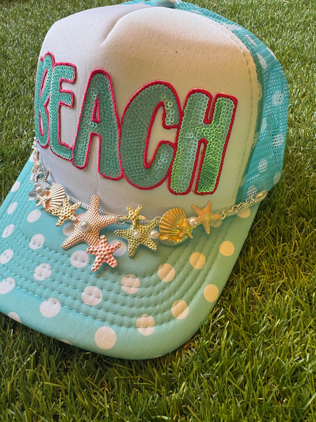 BEACH on blue polka dot hat with beach theme hat chain