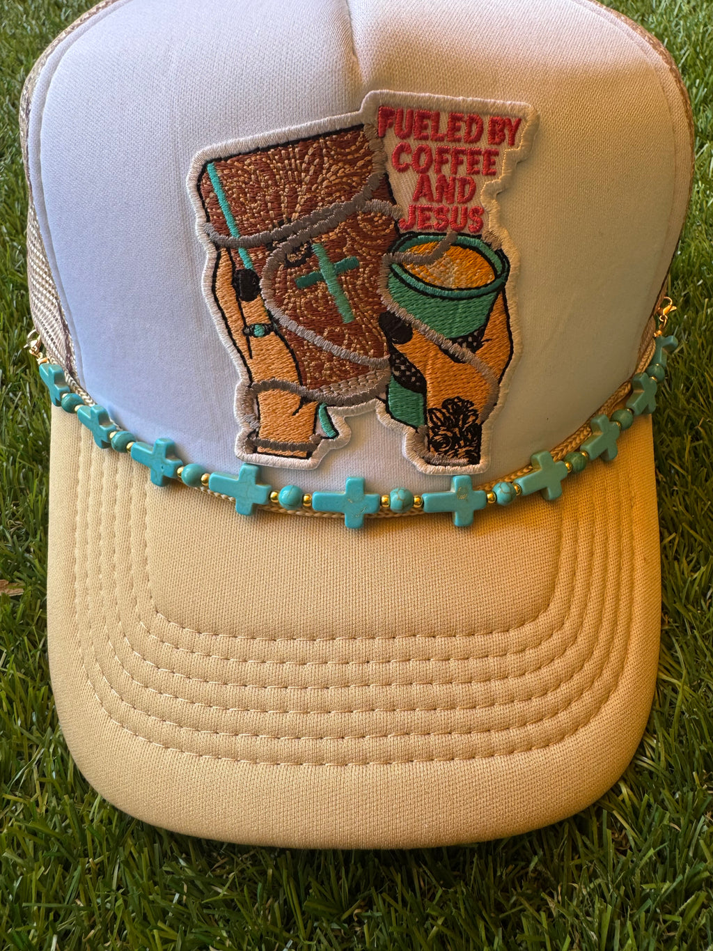 Fueled By Coffee and Jesus trucker hat with hat chain