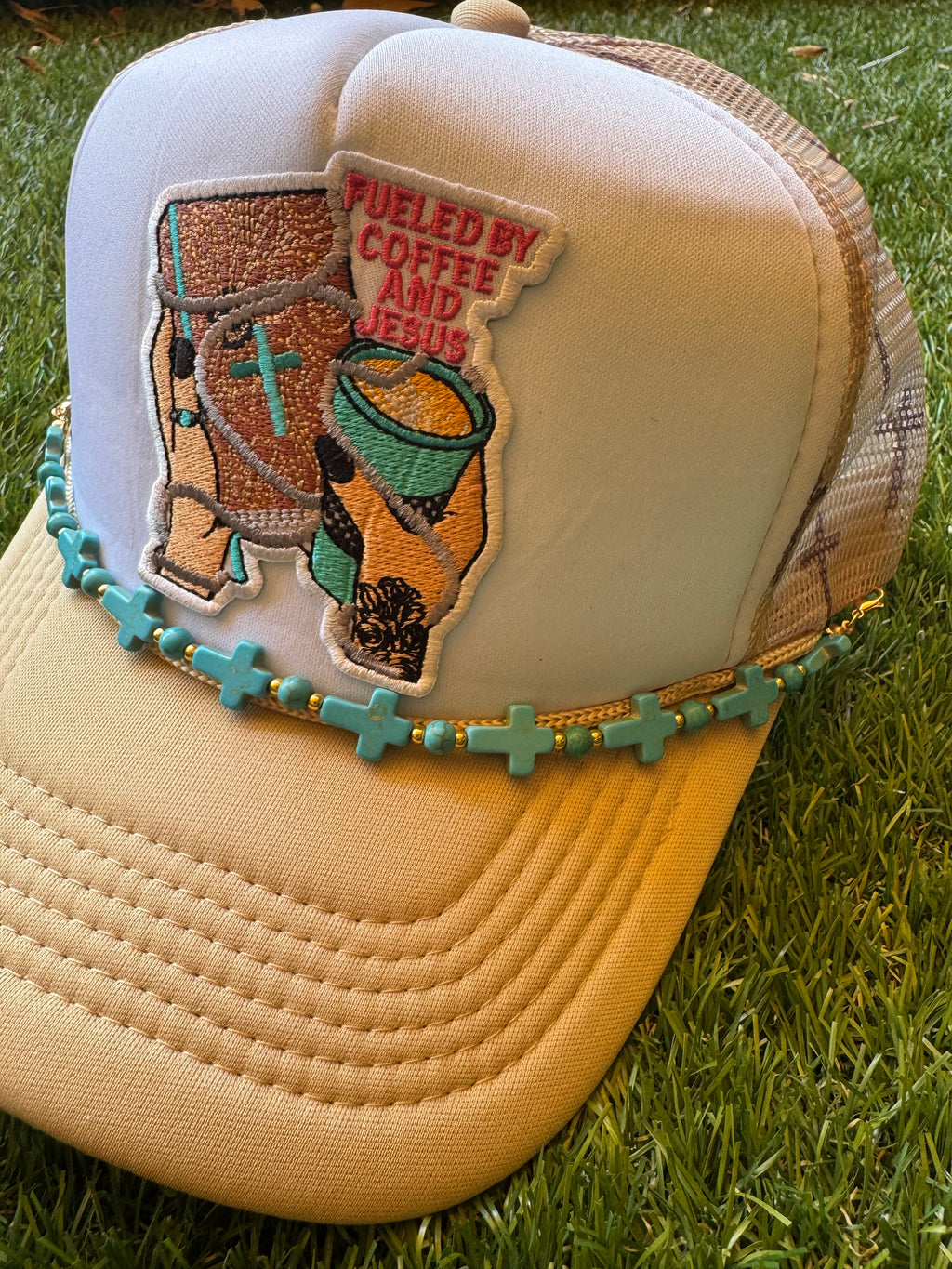 Fueled By Coffee and Jesus trucker hat with hat chain