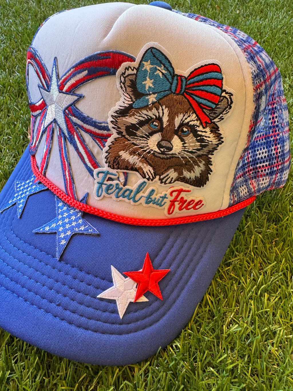 Feral but Free with large USA theme bow trucker hat