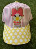Silly Goose Summer on pink and white strip canvas hat with yellow and white polka dot brim