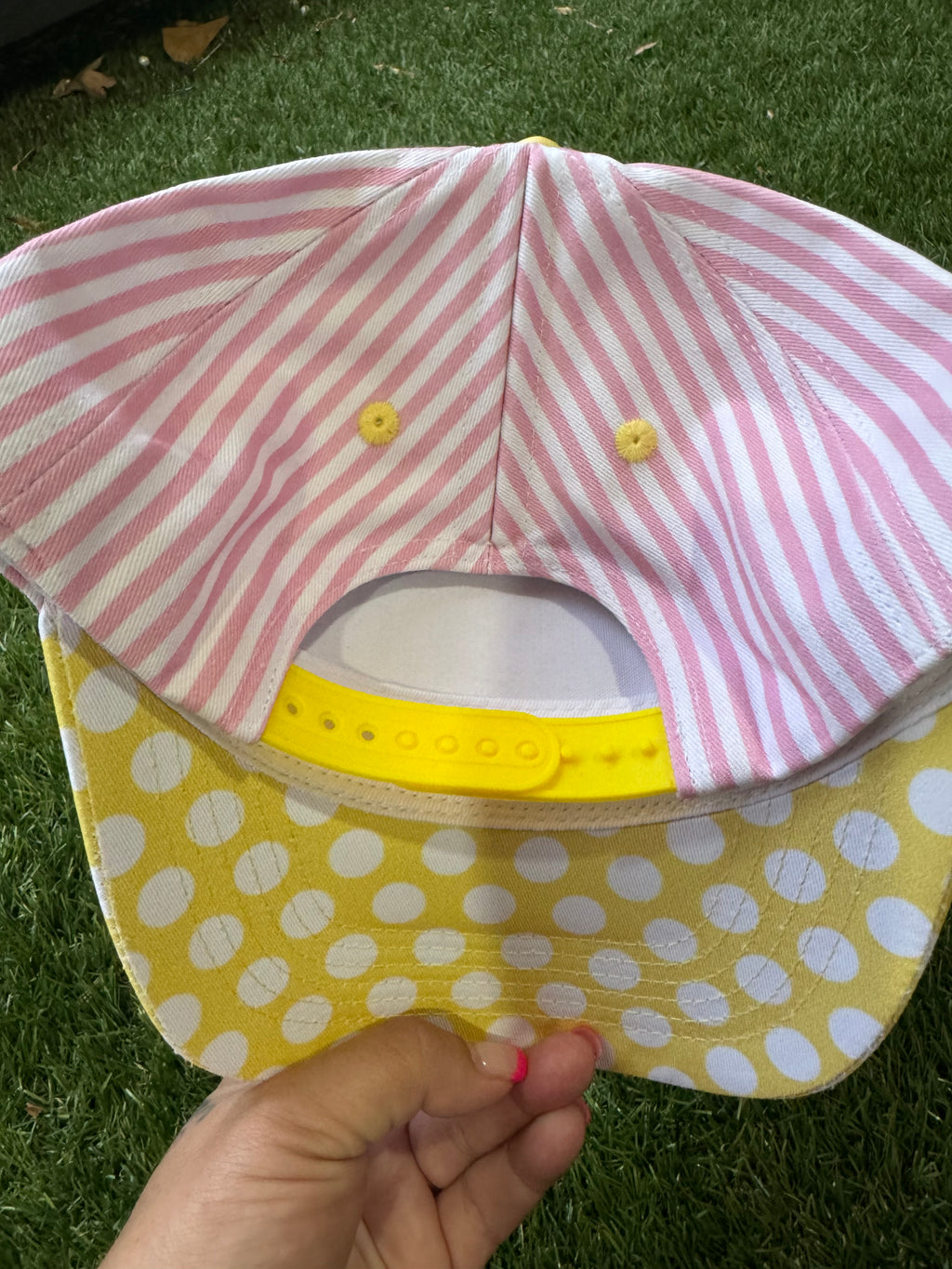 Silly Goose Summer on pink and white strip canvas hat with yellow and white polka dot brim